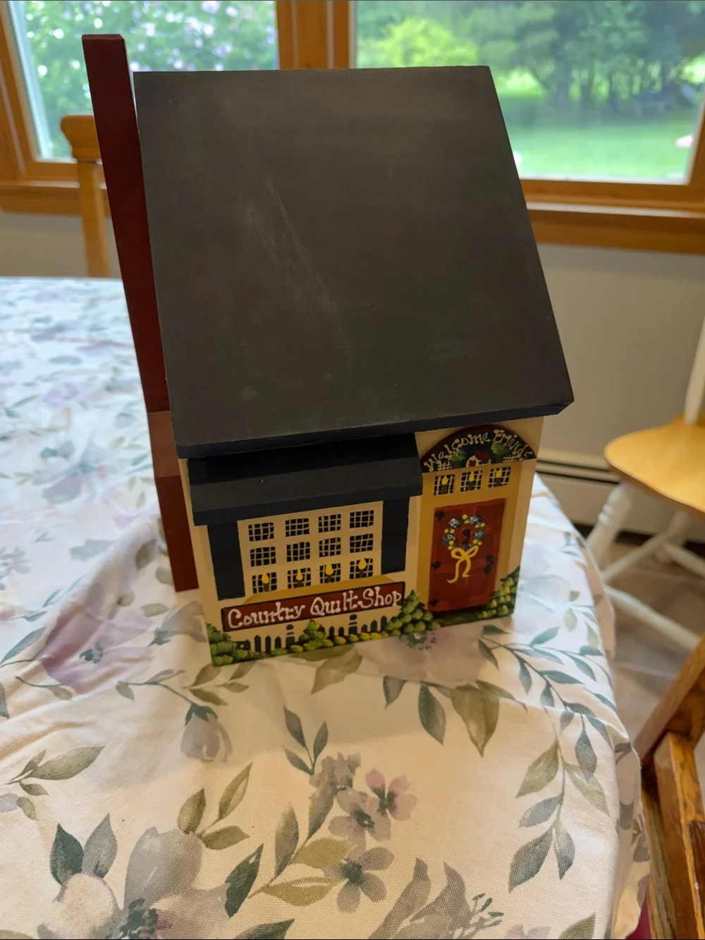 Hand-Painted Country Quilt Shop wooden box/ mailbox- Navy & Cream